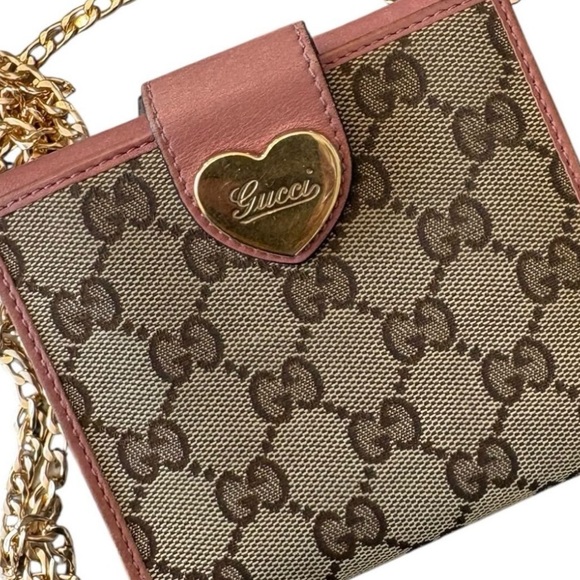 Gucci Handbags - Gucci Pink Small Cute Monogram Heart Wallet with Box and Chain